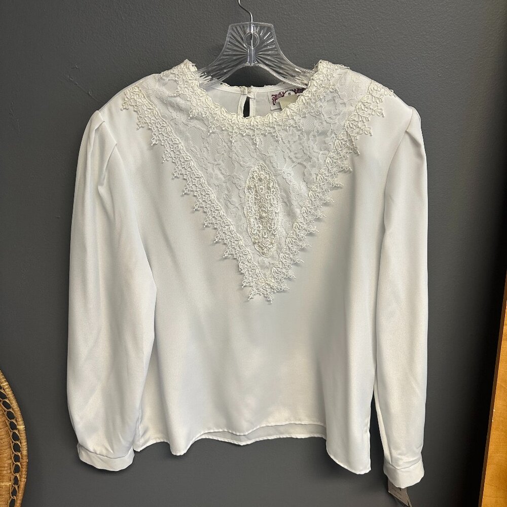 Vintage Mihang White Crochet Lace Bib Blouse White‎ Long Sleeve Womens 12 Petite